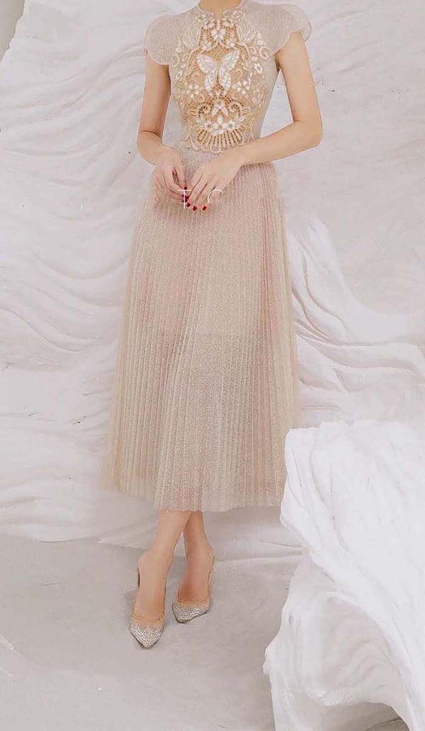 PLEATED EMBROIDERY MIDI DRESS IN BEIGE