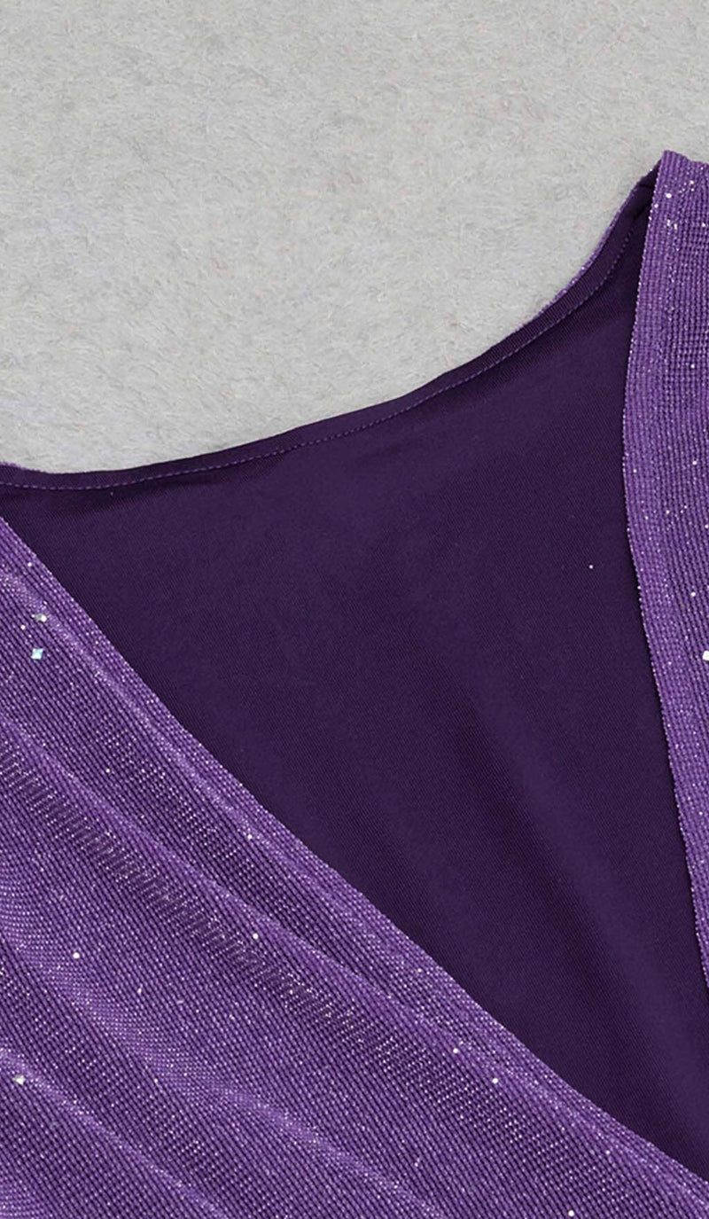 PLUNGE GLITTER BANDAGE MIDI DRESS IN AMETHYST