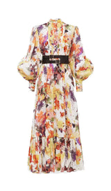 POISE PRINT SILK MIDI DRESS IN MULTI-COLOR