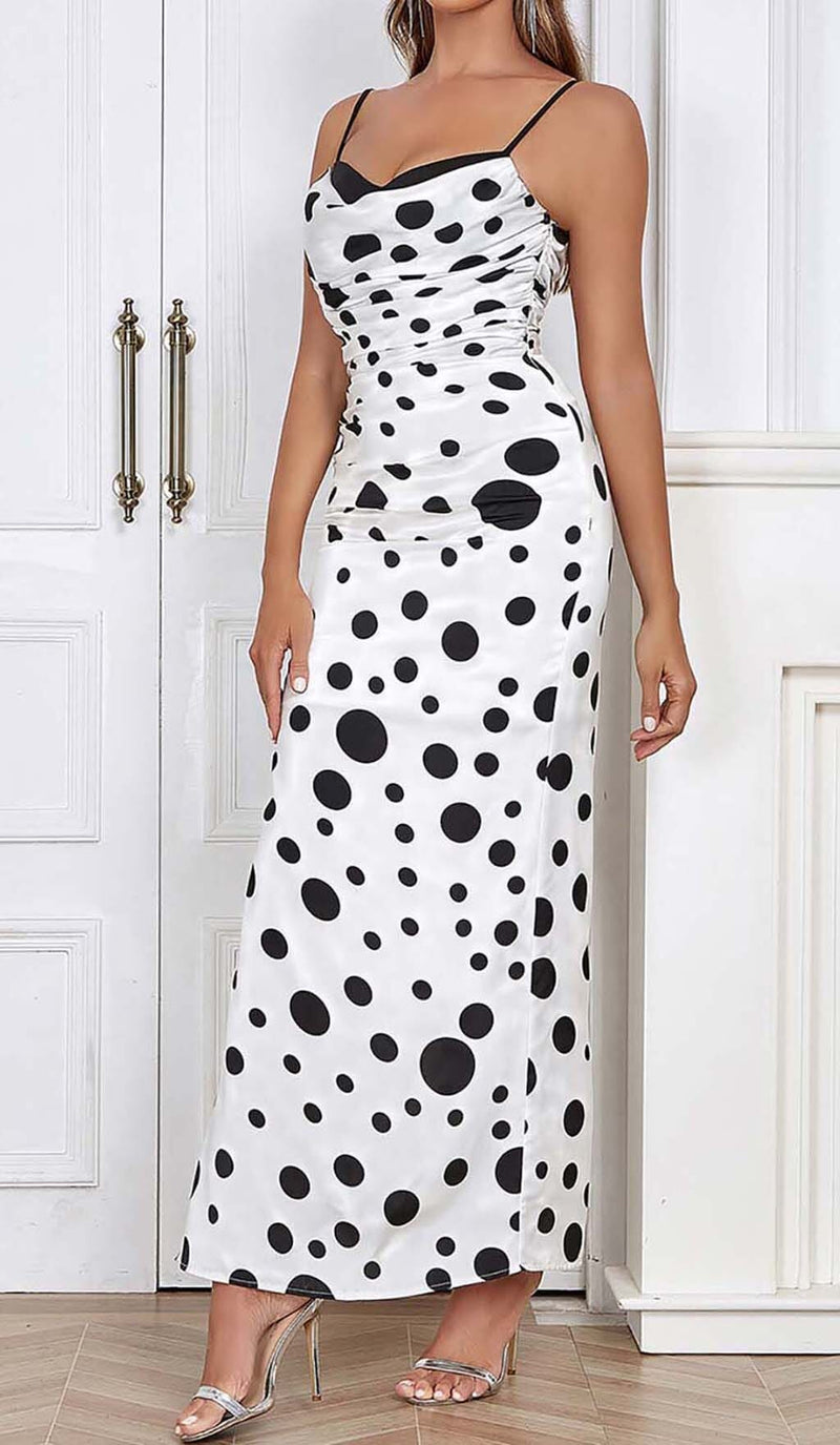 POLKA DOT PRINT RUCHED MERMAID MAXI DRESS