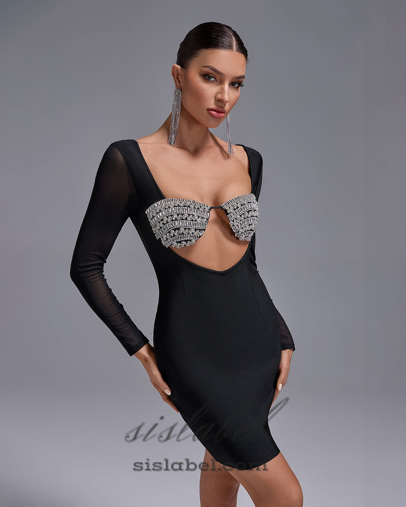 MESH-SLEEVE CRYSTAL BUSTIER BANDAGE DRESS IN BLACK