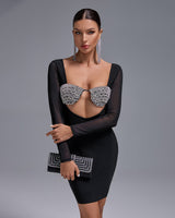 MESH-SLEEVE CRYSTAL BUSTIER BANDAGE DRESS IN BLACK