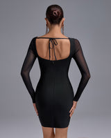 MESH-SLEEVE CRYSTAL BUSTIER BANDAGE DRESS IN BLACK