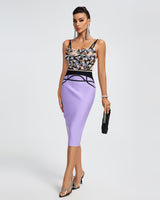 CRYSTAL BEADED APPLIQUE MIDI BANDAGE DRESS