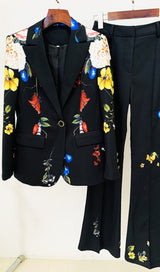 PRINTED BUTTON JACKET SUIT IN BLACK