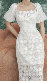 PUFF SLEEVE LACE MIDI DRESS IN WHITE