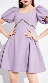 PUFF SLEEVES WAIST-TIGHTENING MINI DRESS IN LILAC