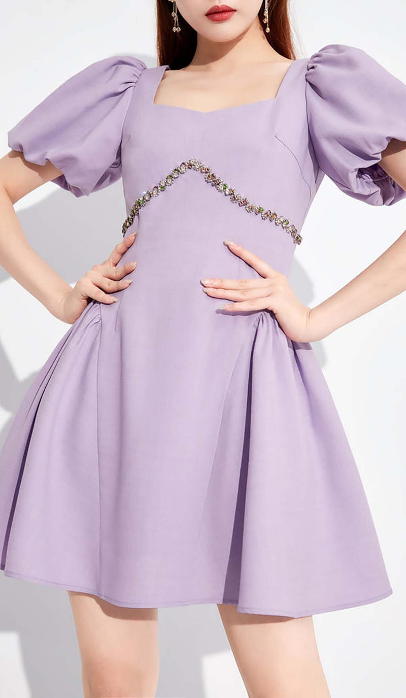 PUFF SLEEVES WAIST-TIGHTENING MINI DRESS IN LILAC