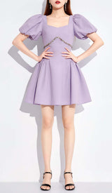 PUFF SLEEVES WAIST-TIGHTENING MINI DRESS IN LILAC