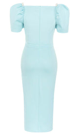 PUFF SLEEVE PEARL MIDI DRESS IN LIGHT GREEN