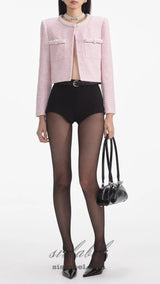 Pink Boucle Pearl Trim Jacket