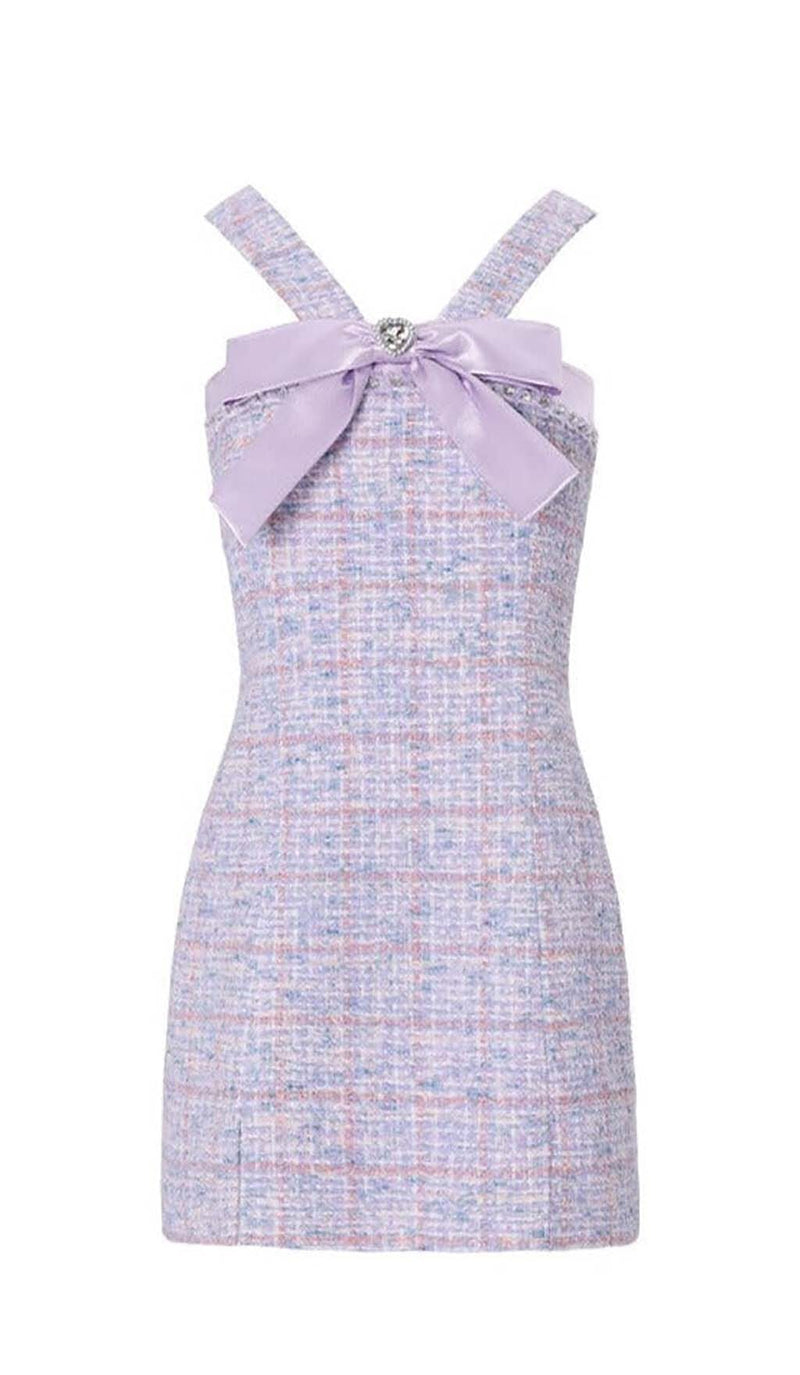 RHINESTONE BOWTIE TWEED MINI DRESS IN PURPLE