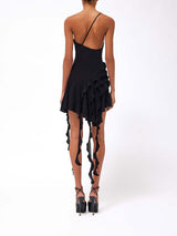 ROSE-DETAIL RUFFLED MINI DRESS IN BLACK