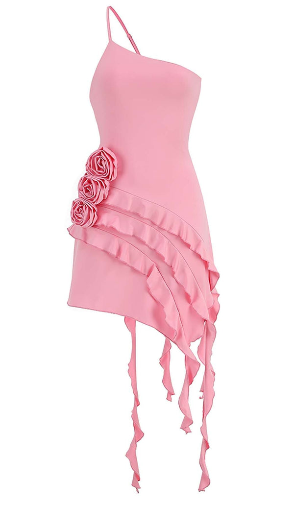 ROSE-DETAIL RUFFLED MINI DRESS IN PINK