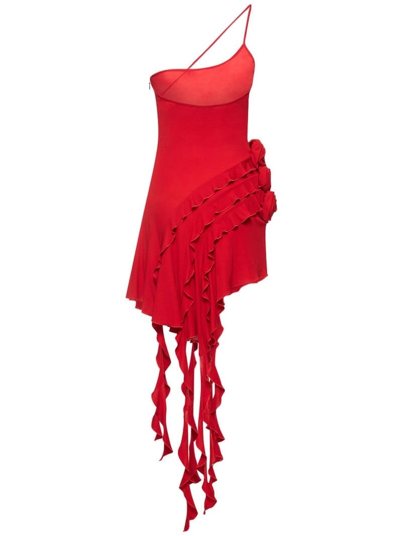 ROSE-DETAIL RUFFLED MINI DRESS IN RED