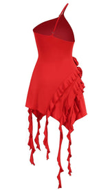 ROSE-DETAIL RUFFLED MINI DRESS IN RED