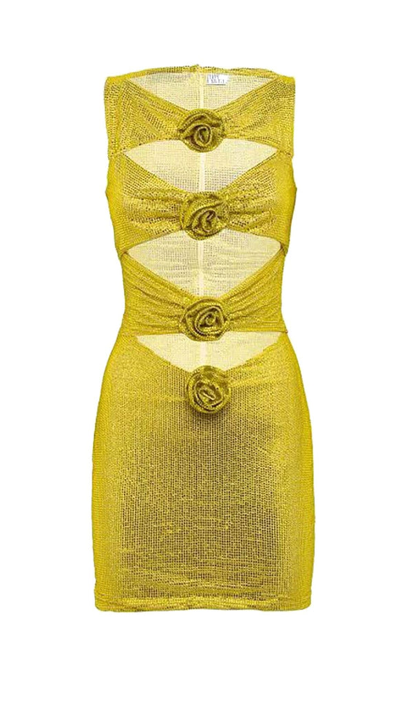 ROSETTE CUT OUT EMBELLISHED MINI DRESS IN YELLOW