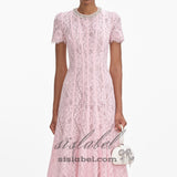 Sequin Floral Lace Midi Dress in pink