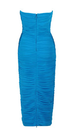 RUCHED BANDEAU MIDI DRESS IN BLUE