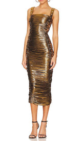 RUCHED METALLIC MIDI DRESS IN GOLD