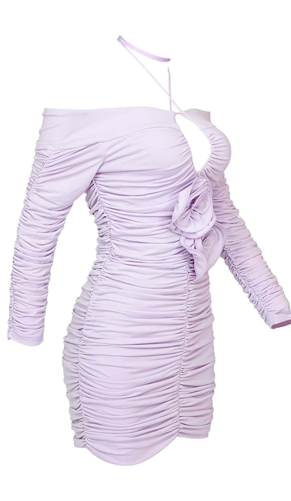 RUCHED OFF-SHOULDER MINI DRESS IN ILAC