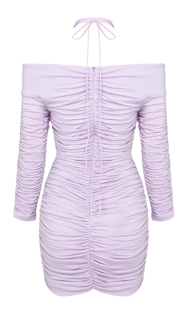 RUCHED OFF-SHOULDER MINI DRESS IN ILAC