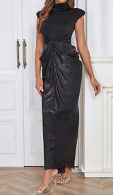 RUCHED OFF SLEEVE MAXI DRESS IN BLACK