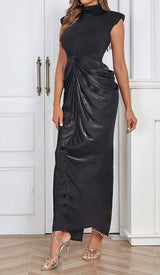 RUCHED OFF SLEEVE MAXI DRESS IN BLACK