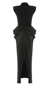 RUCHED OFF SLEEVE MAXI DRESS IN BLACK