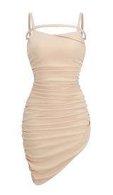 RUCHED STRAPPY MIDI DRESS IN NUDE