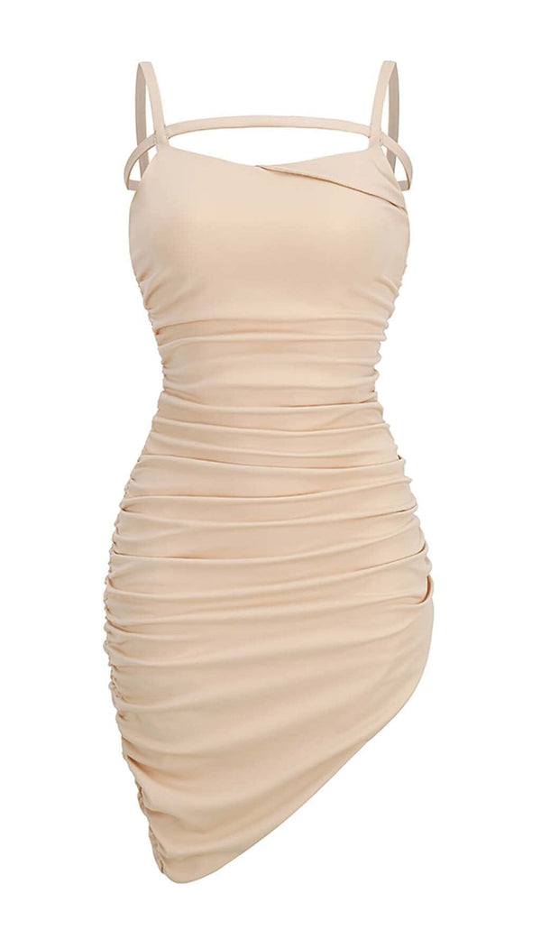 RUCHED STRAPPY MIDI DRESS IN NUDE