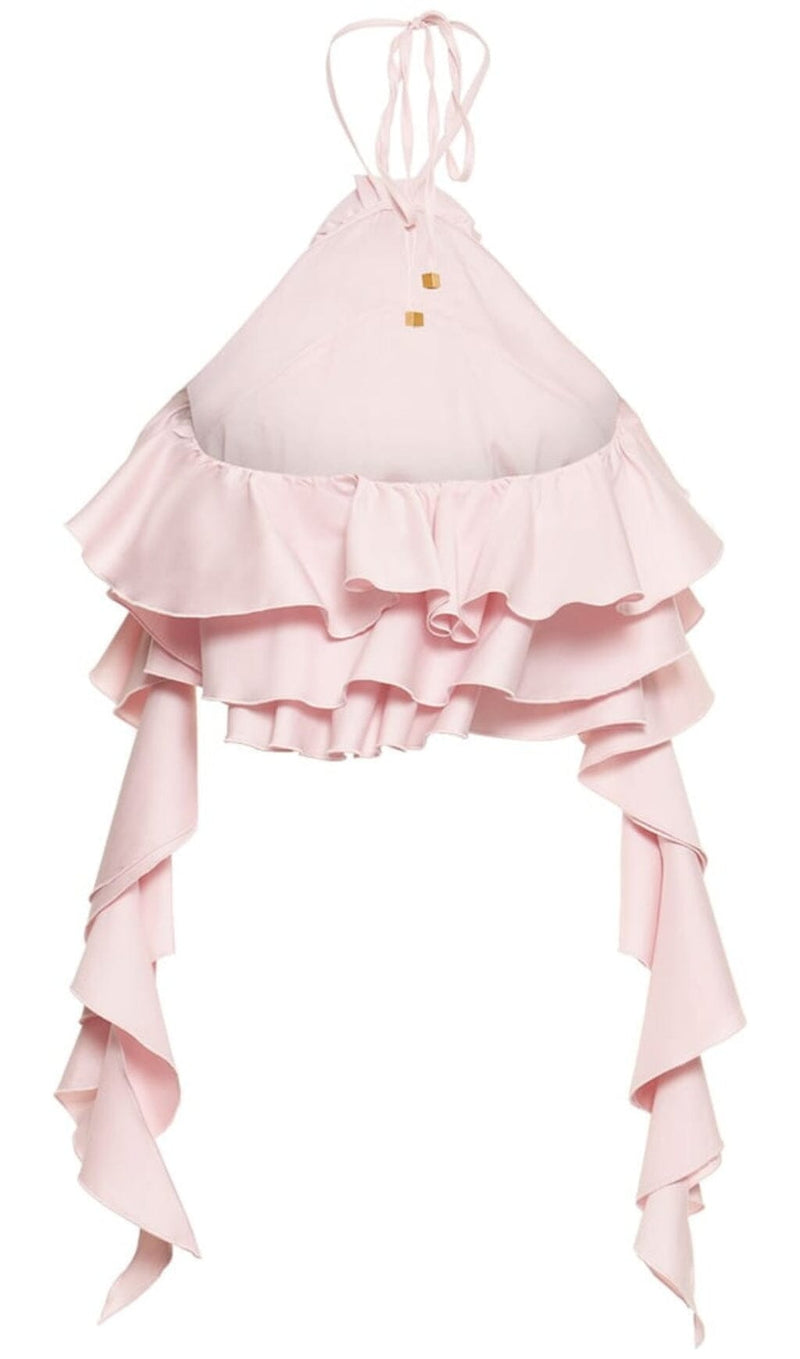 RUFFLE-DETAIL HALTER CROP TOP IN PINK