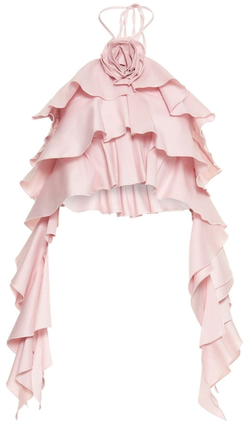 RUFFLE-DETAIL HALTER CROP TOP IN PINK