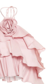 RUFFLE-DETAIL HALTER CROP TOP IN PINK