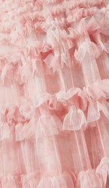 RUFFLE OFF SHOULDER TIERED MIDI DRESS IN PINK