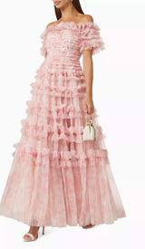 RUFFLE OFF SHOULDER TIERED MIDI DRESS IN PINK