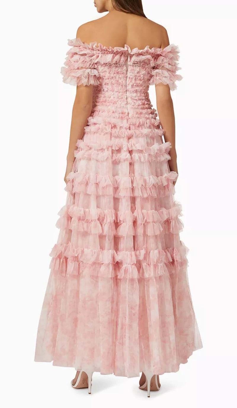 RUFFLE OFF SHOULDER TIERED MIDI DRESS IN PINK