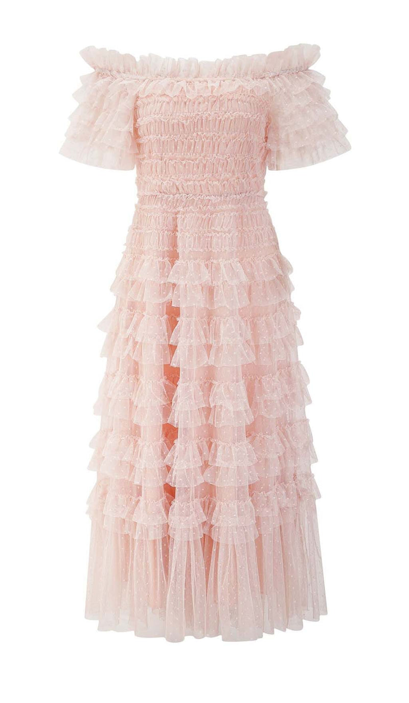 RUFFLE OFF SHOULDER TIERED MIDI DRESS IN PINK