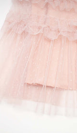 RUFFLE OFF SHOULDER TIERED MIDI DRESS IN PINK