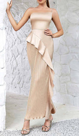 RUFFLED PLATED MAXI DRESS IN KHAKI