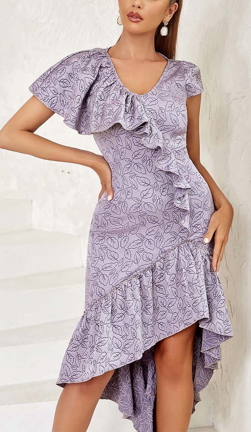 RUFFLED V-NECK ASYMMETRIC MIDI DRESS IN PURPLE