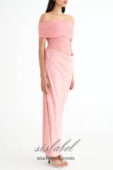 Reanko Off Shoulder Ruched Mesh Maxi Dress in Pink