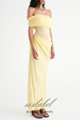 Reanko Off Shoulder Ruched Mesh Maxi Dress - Yellow