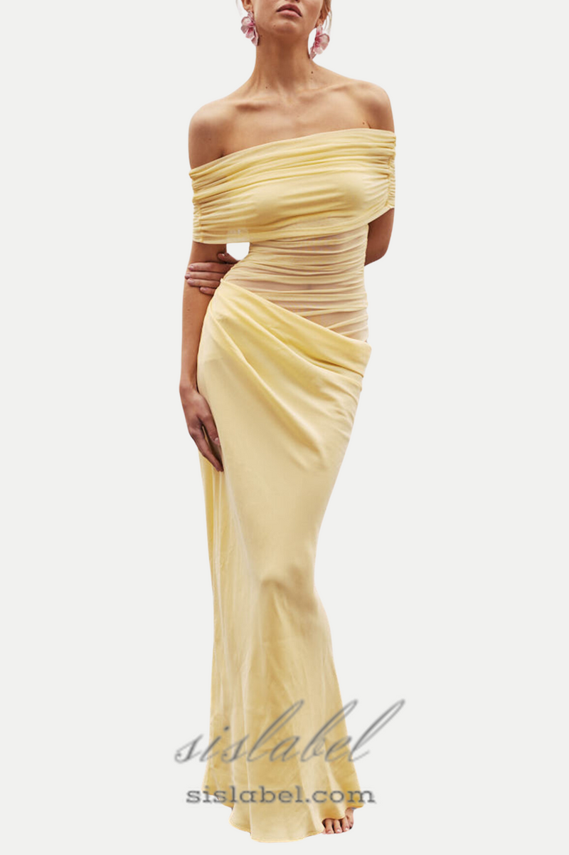 Reanko Off Shoulder Ruched Mesh Maxi Dress - Yellow