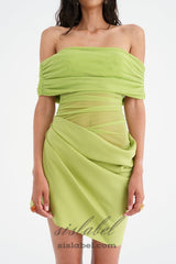 Off Shoulder Ruched Mesh Mini Dress in Green