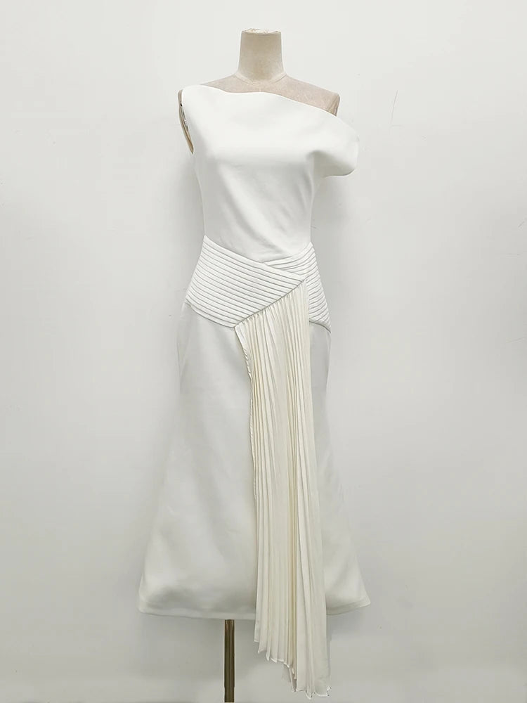 Ivory cream ruched draped Asymmetric maxi dress