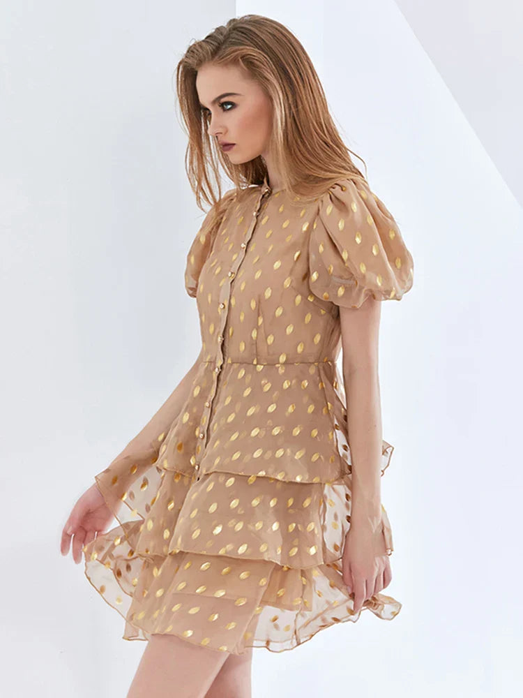 polka Dot Layered Print Mini Dress in kahki