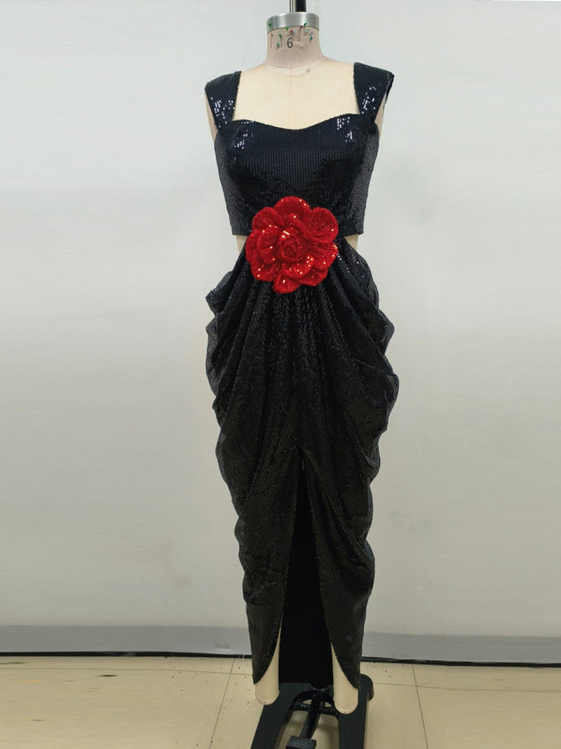 Midnight Bloom 3D Rose Maxi Dress