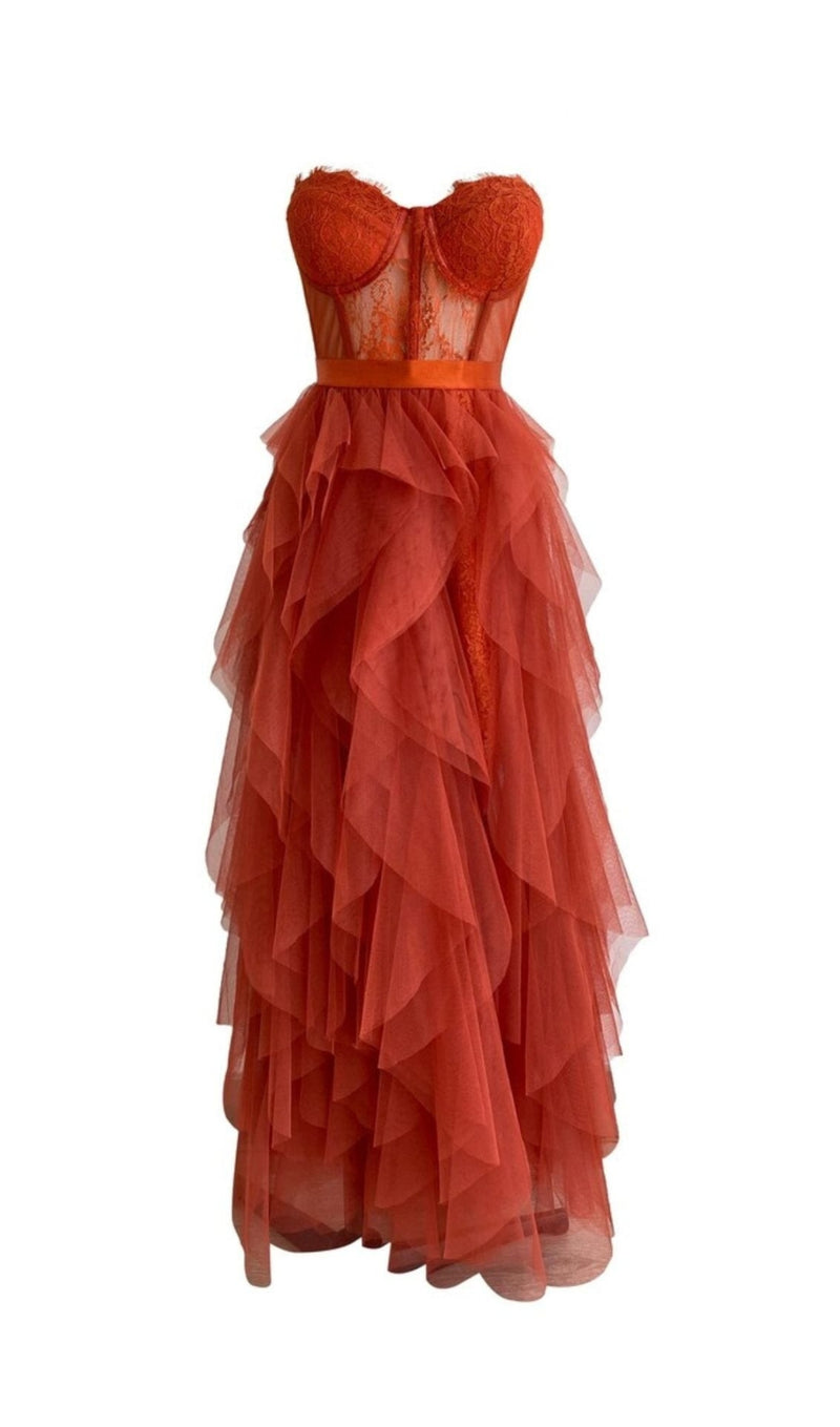 LACE CORSET SLIM MIDI DRESS IN CORAL RED