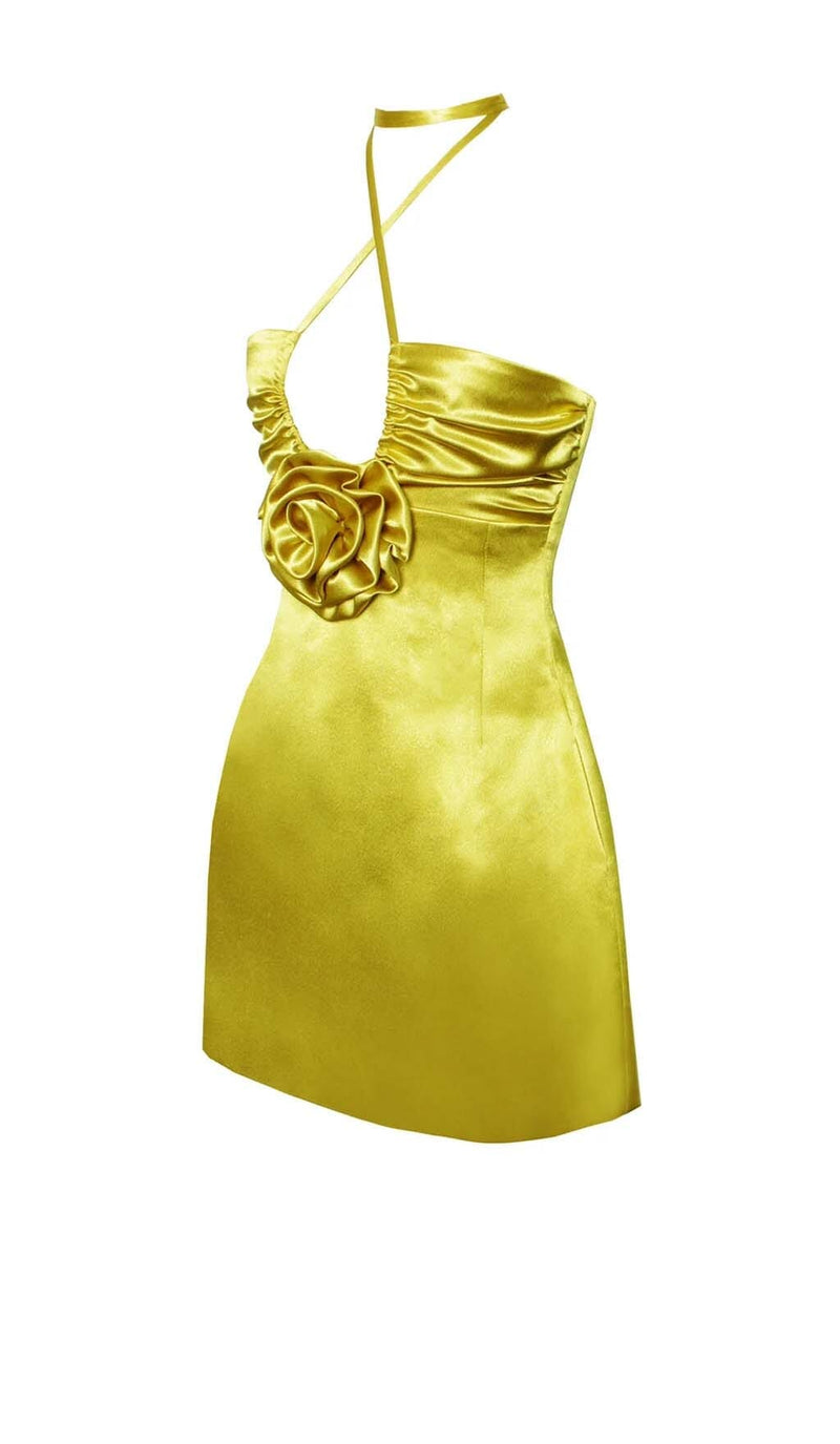 SATIN STRAPPY HALTER NECK DRESS IN GOLD